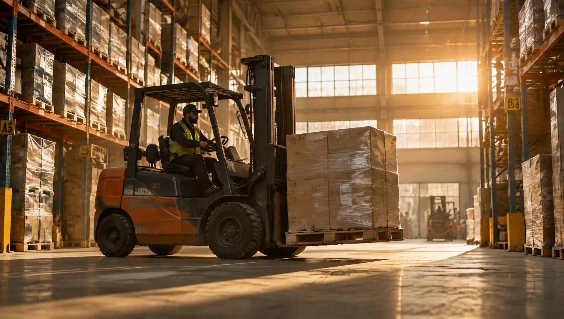 Empilhadeira em operação movimentando pallets em centro de distribuição