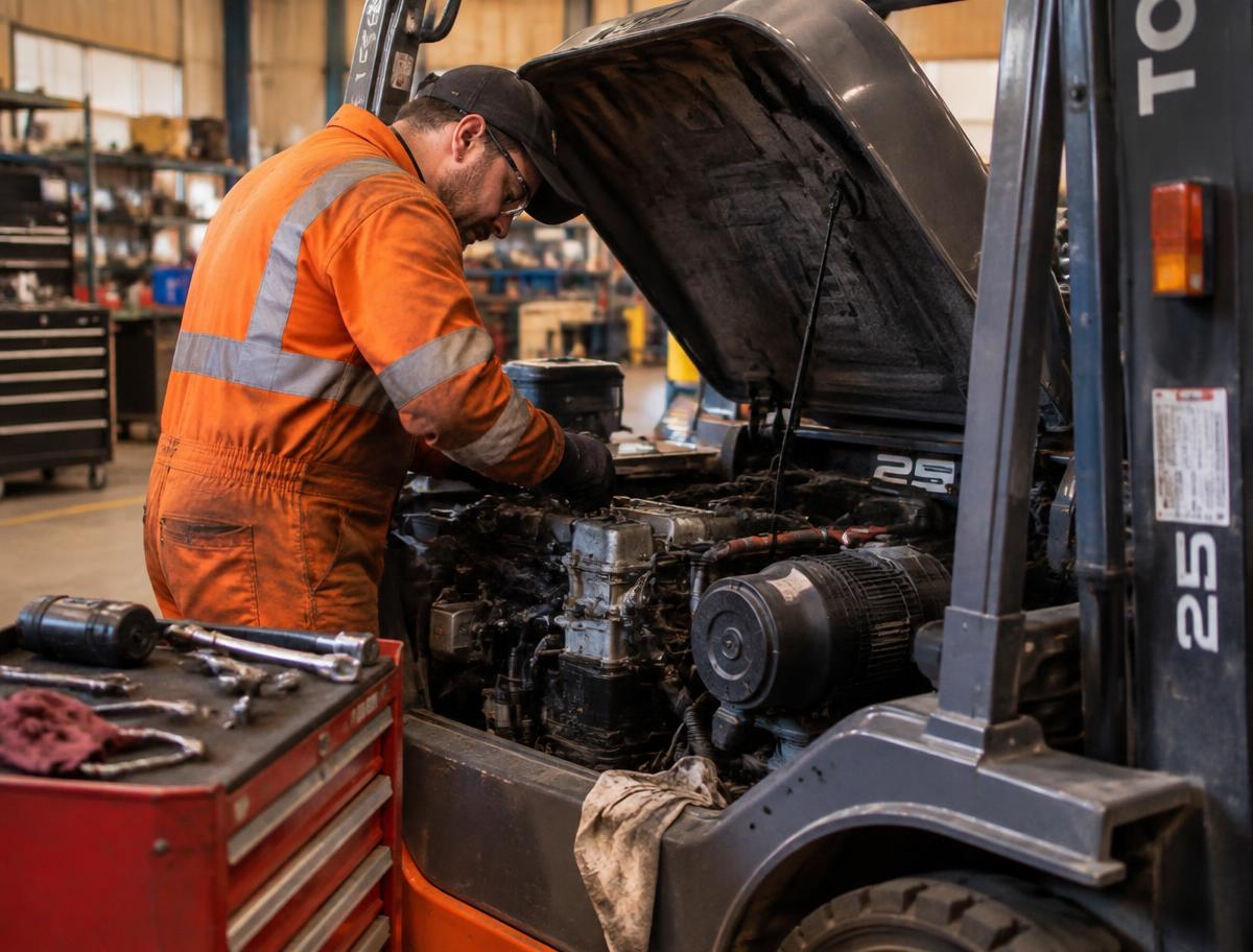 Técnico realizando manutenção no motor de uma empilhadeira